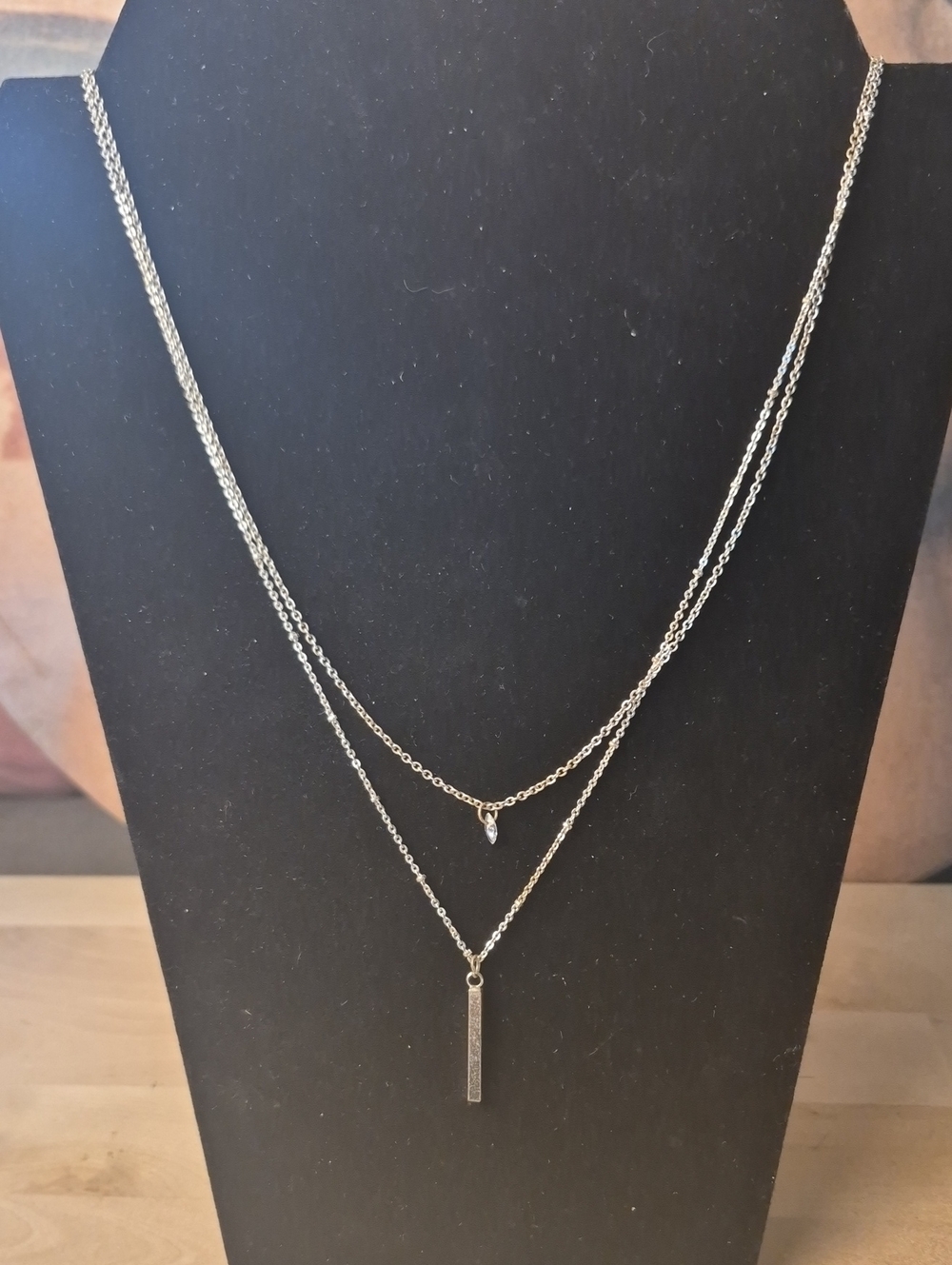 Source Unknown Silver Double-Layer Bar & Teardrop Necklace